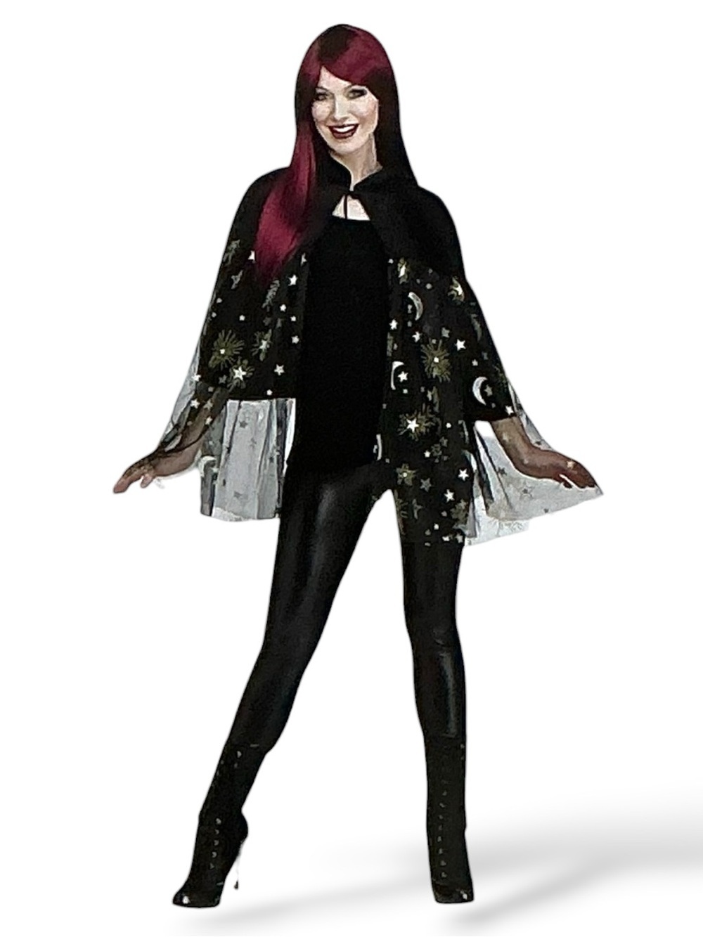 Halloween Celestial Cape Costume Poncho Black Silver Gold Glittering Adult OS